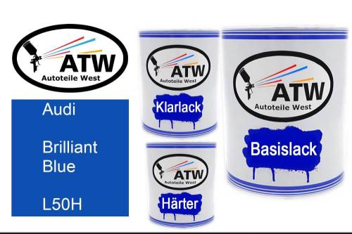 Audi, Brilliant Blue, L50H: 1L Lackdose + 1L Klarlack + 500ml Härter - Set, von ATW Autoteile West.